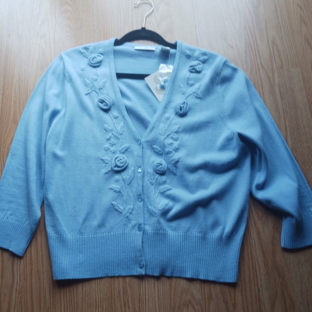 Ladies dressy Preswick & Moore baby blue v-neck cardigan. Size Large.